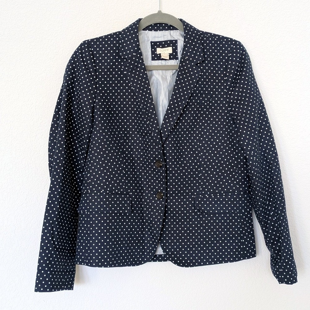 J.Crew Polka Dots Blazer Jacket Women 8 Navy Blue and White Linen Blend Preppy